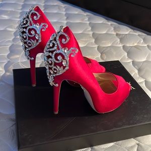 Badgley Mischka Kiara Embellished Satin Peep-Toe Platform Heel